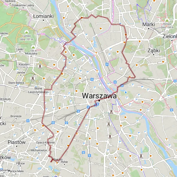 Map miniature of "Opacz Mała and Palace of Culture Gravel Adventure" cycling inspiration in Warszawski stołeczny, Poland. Generated by Tarmacs.app cycling route planner