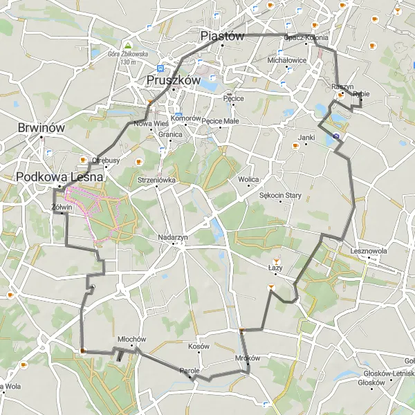 Map miniature of "Magdalenka and Mroków Adventure" cycling inspiration in Warszawski stołeczny, Poland. Generated by Tarmacs.app cycling route planner