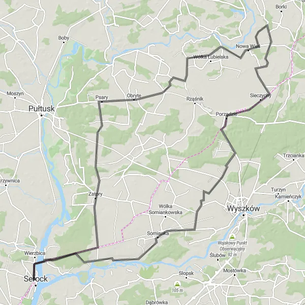 Map miniature of "Mazovian Countryside Expedition" cycling inspiration in Warszawski stołeczny, Poland. Generated by Tarmacs.app cycling route planner