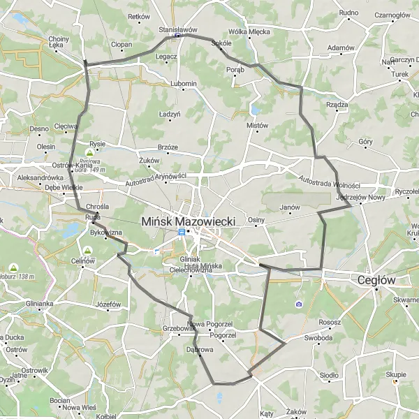 Map miniature of "Siennica - Gamratka - Stanisławów - Jakubów - Barcząca - Siennica" cycling inspiration in Warszawski stołeczny, Poland. Generated by Tarmacs.app cycling route planner