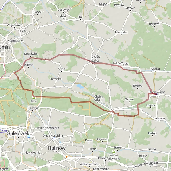 Map miniature of "Nature's Paradise near Stanisławów" cycling inspiration in Warszawski stołeczny, Poland. Generated by Tarmacs.app cycling route planner
