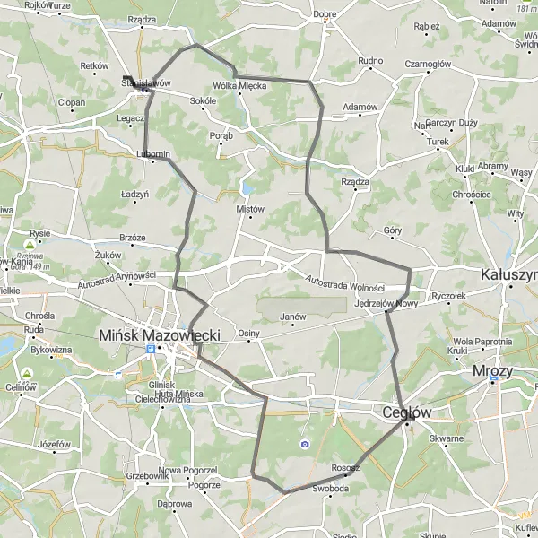 Map miniature of "The Hills of Osęczyzna" cycling inspiration in Warszawski stołeczny, Poland. Generated by Tarmacs.app cycling route planner