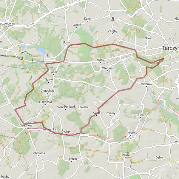 Map miniature of "Osuchów and Jeżewice Gravel Loop" cycling inspiration in Warszawski stołeczny, Poland. Generated by Tarmacs.app cycling route planner