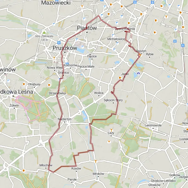 Map miniature of "The Gravel Loop through Janki, Walendów, Strzeniówka, and Piastów" cycling inspiration in Warszawski stołeczny, Poland. Generated by Tarmacs.app cycling route planner