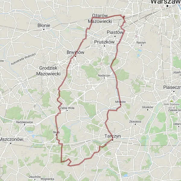 Map miniature of "The Adventurous Gravel Route through Reguły, Walendów, Tarczyn, Musuły, Brwinów, and Ożarów Mazowiecki" cycling inspiration in Warszawski stołeczny, Poland. Generated by Tarmacs.app cycling route planner