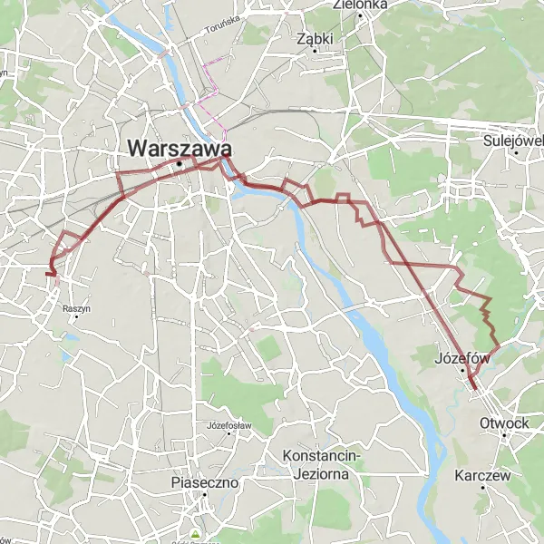 Map miniature of "Explore Warsaw's Fascinating Landmarks and Nature on the Gravel Route Taking You to Patriotic Cultural Sites" cycling inspiration in Warszawski stołeczny, Poland. Generated by Tarmacs.app cycling route planner