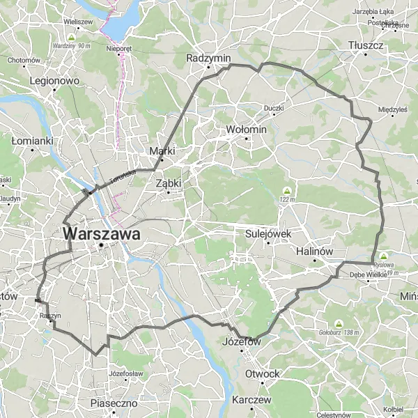 Map miniature of "The Marki Loop" cycling inspiration in Warszawski stołeczny, Poland. Generated by Tarmacs.app cycling route planner