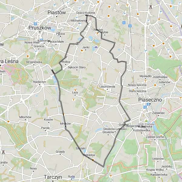 Map miniature of "Enjoy a Scenic Road Cycling Adventure with Stops at Łady, Kolonia Lesznowola, Złotokłos, Mroków, Sokołów, and Opacz-Kolonia" cycling inspiration in Warszawski stołeczny, Poland. Generated by Tarmacs.app cycling route planner