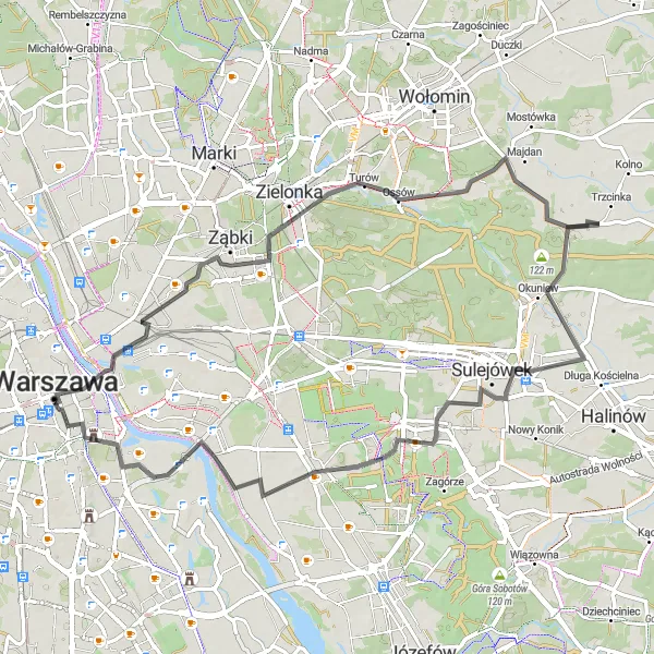 Map miniature of "Warsaw's Rich History" cycling inspiration in Warszawski stołeczny, Poland. Generated by Tarmacs.app cycling route planner