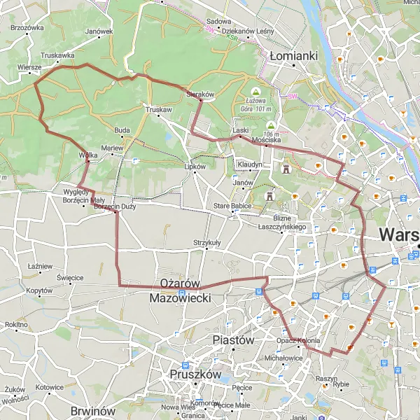 Map miniature of "Gravel Escapade" cycling inspiration in Warszawski stołeczny, Poland. Generated by Tarmacs.app cycling route planner