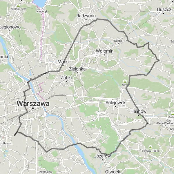 Map miniature of "Warsaw Freedom Tower Loop" cycling inspiration in Warszawski stołeczny, Poland. Generated by Tarmacs.app cycling route planner