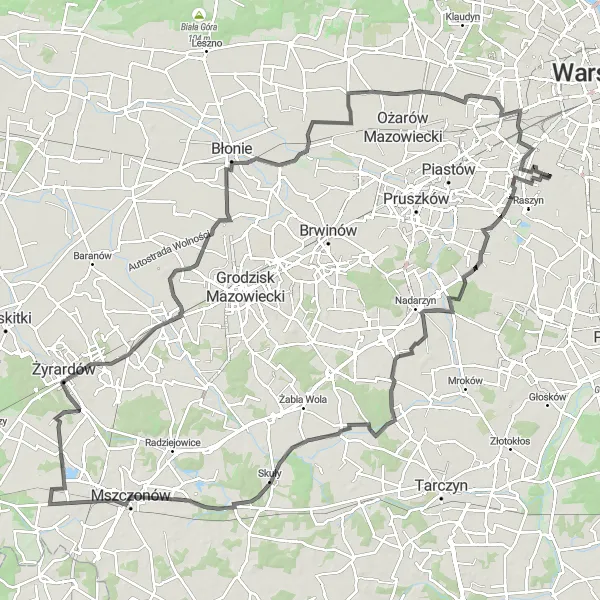 Map miniature of "Mazovian Undulations" cycling inspiration in Warszawski stołeczny, Poland. Generated by Tarmacs.app cycling route planner
