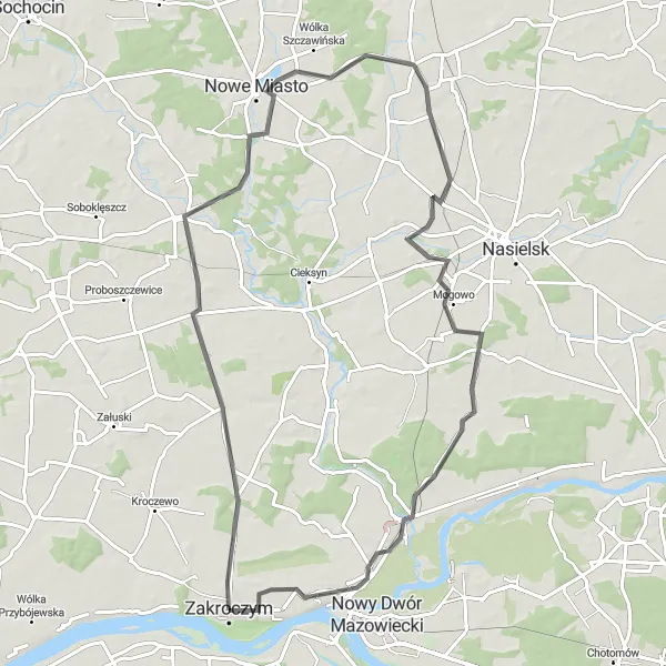 Map miniature of "The Narwi River Tour" cycling inspiration in Warszawski stołeczny, Poland. Generated by Tarmacs.app cycling route planner