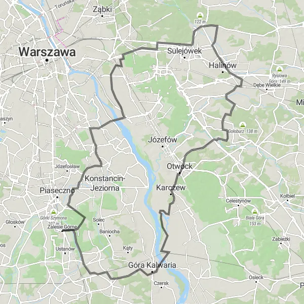 Map miniature of "The Kod 3 Adventure" cycling inspiration in Warszawski stołeczny, Poland. Generated by Tarmacs.app cycling route planner