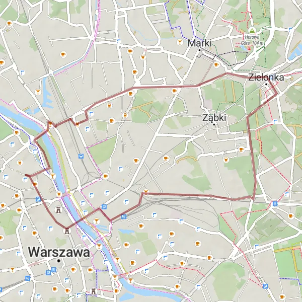 Map miniature of "Serene Gravel Pathways" cycling inspiration in Warszawski stołeczny, Poland. Generated by Tarmacs.app cycling route planner