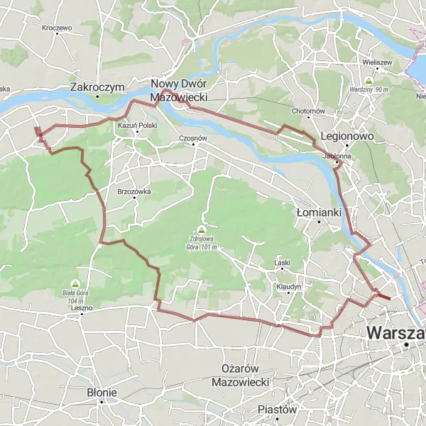 Map miniature of "Gravel Adventure to Natural Wonders" cycling inspiration in Warszawski stołeczny, Poland. Generated by Tarmacs.app cycling route planner