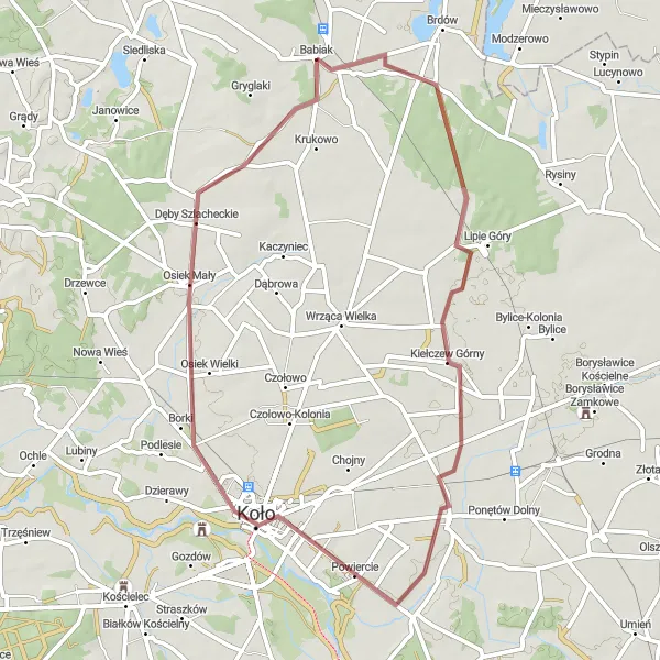 Miniatura mapy "Trasa przez Grzegorzew i Koło" - trasy rowerowej w Wielkopolskie, Poland. Wygenerowane przez planer tras rowerowych Tarmacs.app