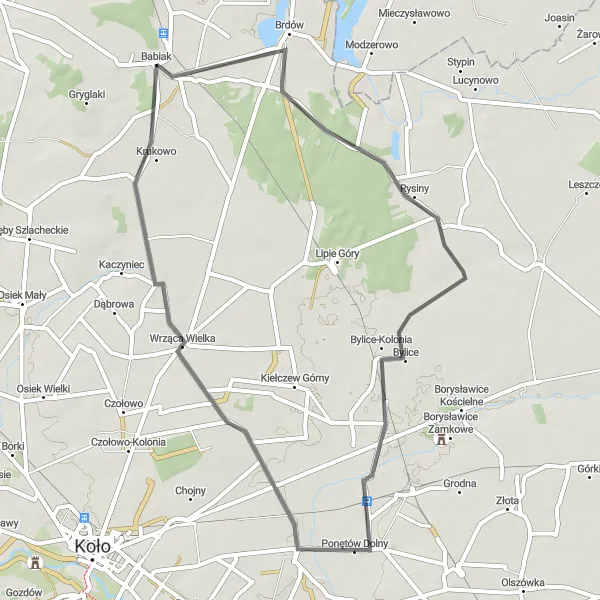 Miniatura mapy "Trasa przez Brdów i Wrzącę Wielką" - trasy rowerowej w Wielkopolskie, Poland. Wygenerowane przez planer tras rowerowych Tarmacs.app