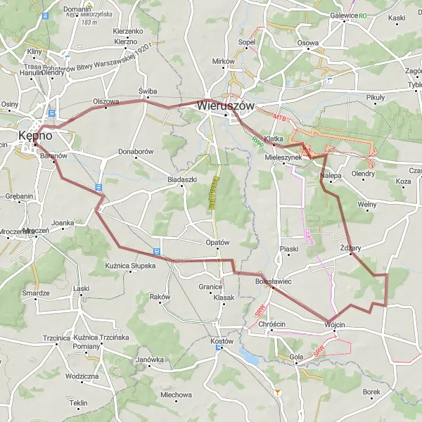 Map miniature of "The Gravel Expedition to Ludwinów" cycling inspiration in Wielkopolskie, Poland. Generated by Tarmacs.app cycling route planner