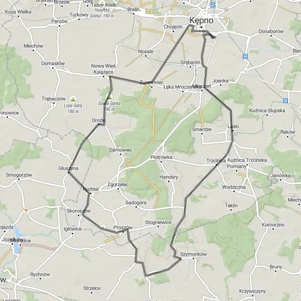 Map miniature of "Scenic Baranów Ride" cycling inspiration in Wielkopolskie, Poland. Generated by Tarmacs.app cycling route planner