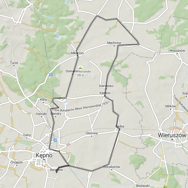 Map miniature of "Baranów Loop" cycling inspiration in Wielkopolskie, Poland. Generated by Tarmacs.app cycling route planner