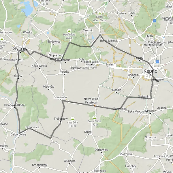 Map miniature of "Nature and Beauty Tour" cycling inspiration in Wielkopolskie, Poland. Generated by Tarmacs.app cycling route planner