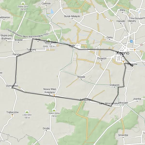 Map miniature of "Baranów Circuit" cycling inspiration in Wielkopolskie, Poland. Generated by Tarmacs.app cycling route planner