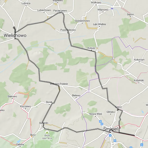 Miniatura mapy "Przejażdżka rowerowa przez górzyste tereny" - trasy rowerowej w Wielkopolskie, Poland. Wygenerowane przez planer tras rowerowych Tarmacs.app