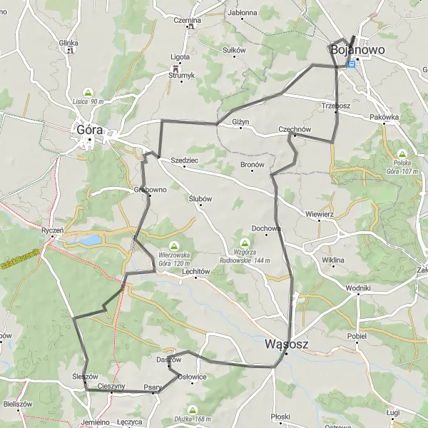 Map miniature of "Bojanowo Countryside Ride" cycling inspiration in Wielkopolskie, Poland. Generated by Tarmacs.app cycling route planner
