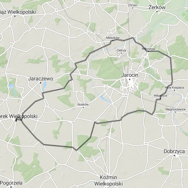 Miniatura mapy "Trasa przez Karolew, Golinę i Witaszyce" - trasy rowerowej w Wielkopolskie, Poland. Wygenerowane przez planer tras rowerowych Tarmacs.app