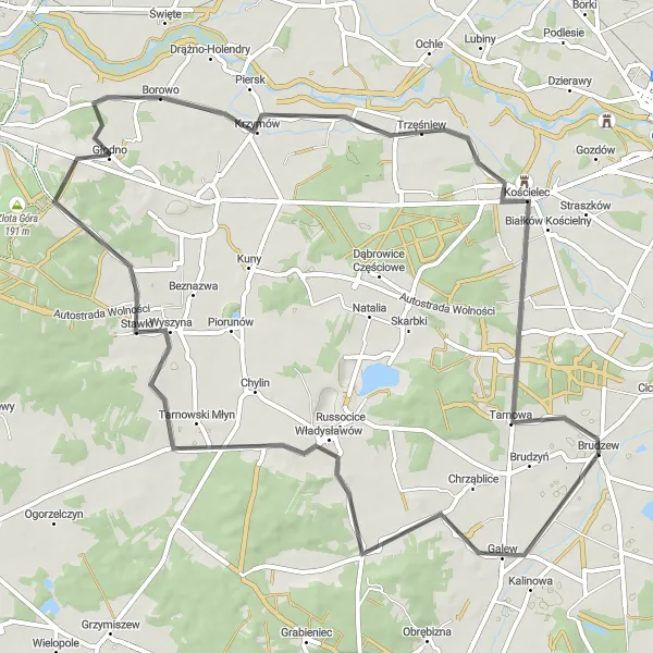 Map miniature of "Galew and Trzęśniew Circuit" cycling inspiration in Wielkopolskie, Poland. Generated by Tarmacs.app cycling route planner