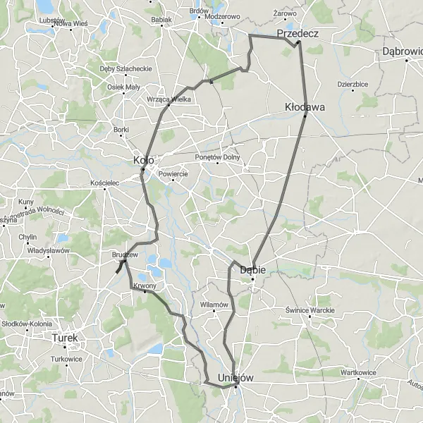 Map miniature of "Wrząca Wielka and Kłodawa Trail" cycling inspiration in Wielkopolskie, Poland. Generated by Tarmacs.app cycling route planner