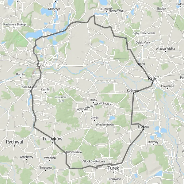 Map miniature of "Piętno and Licheń Stary Loop" cycling inspiration in Wielkopolskie, Poland. Generated by Tarmacs.app cycling route planner