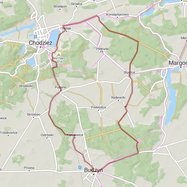 Map miniature of "Podanin Loop" cycling inspiration in Wielkopolskie, Poland. Generated by Tarmacs.app cycling route planner