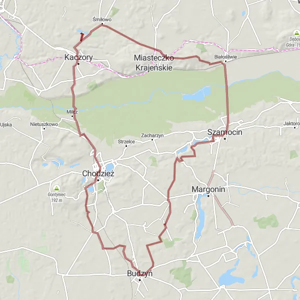 Map miniature of "Łysa Góra Adventure" cycling inspiration in Wielkopolskie, Poland. Generated by Tarmacs.app cycling route planner