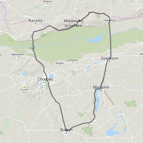 Map miniature of "Tranquil Morzewo Road Experience" cycling inspiration in Wielkopolskie, Poland. Generated by Tarmacs.app cycling route planner