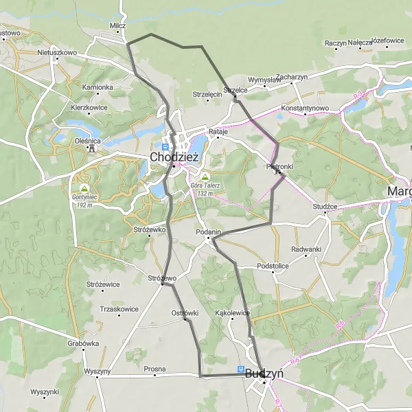 Map miniature of "Exploring the Delights of Stróżewo" cycling inspiration in Wielkopolskie, Poland. Generated by Tarmacs.app cycling route planner