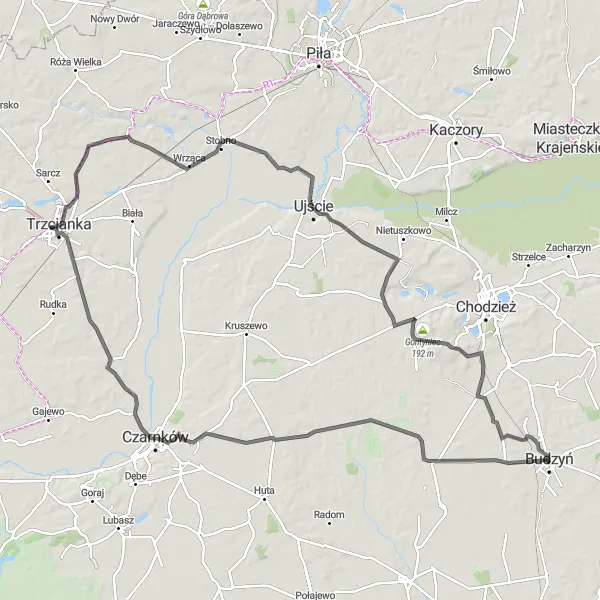 Map miniature of "Czarnków Trail" cycling inspiration in Wielkopolskie, Poland. Generated by Tarmacs.app cycling route planner