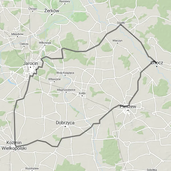 Miniatura mapy "Trasa rowerowa Chocz - Golina" - trasy rowerowej w Wielkopolskie, Poland. Wygenerowane przez planer tras rowerowych Tarmacs.app