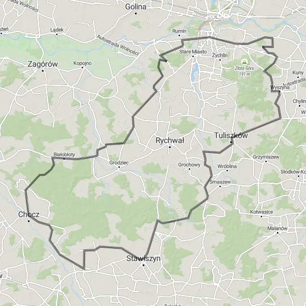 Miniatura mapy "Trasa Chocz-Tuliszków-Zbiersk" - trasy rowerowej w Wielkopolskie, Poland. Wygenerowane przez planer tras rowerowych Tarmacs.app