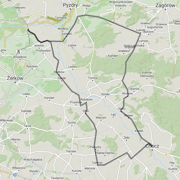 Map miniature of "Chocz to Czermin Loop" cycling inspiration in Wielkopolskie, Poland. Generated by Tarmacs.app cycling route planner