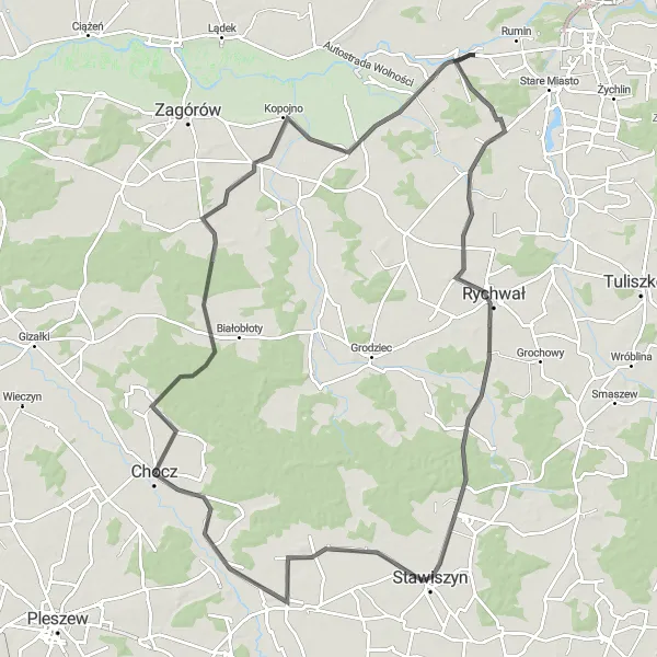 Map miniature of "Trąbczyn Loop: Cycling through Wielkopolskie's Points of Interest" cycling inspiration in Wielkopolskie, Poland. Generated by Tarmacs.app cycling route planner