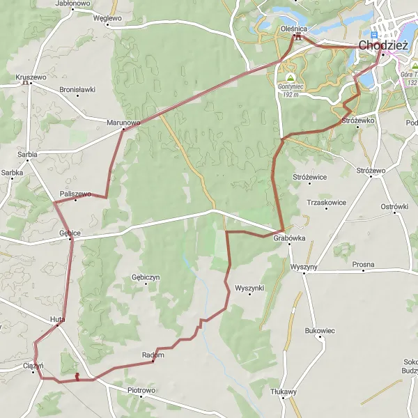 Miniatura mapy "Trasa Gravelowa Góra Modrzewiowa" - trasy rowerowej w Wielkopolskie, Poland. Wygenerowane przez planer tras rowerowych Tarmacs.app