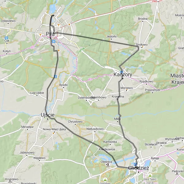Miniatura mapy "Trasa z Chodzieży do Pily" - trasy rowerowej w Wielkopolskie, Poland. Wygenerowane przez planer tras rowerowych Tarmacs.app