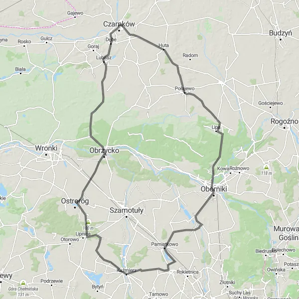 Miniatura mapy "Trasa przez Huta, Kaźmierz, Dębe" - trasy rowerowej w Wielkopolskie, Poland. Wygenerowane przez planer tras rowerowych Tarmacs.app