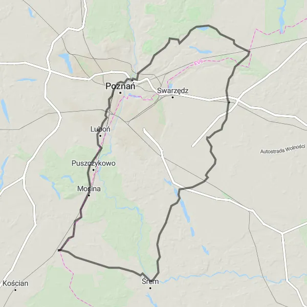 Map miniature of "The Great Royal Road" cycling inspiration in Wielkopolskie, Poland. Generated by Tarmacs.app cycling route planner