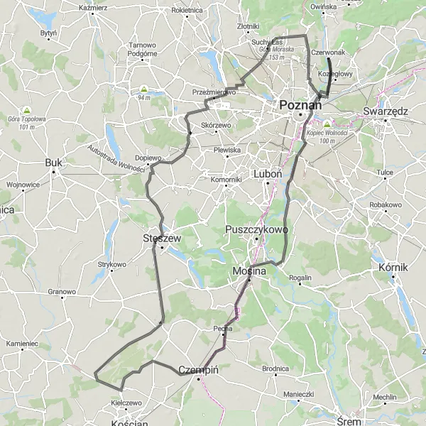 Map miniature of "The Road Warrior" cycling inspiration in Wielkopolskie, Poland. Generated by Tarmacs.app cycling route planner