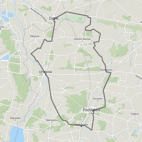 Map miniature of "Exciting Road Cycling Route from Dąbie to Karszew, Poddębice, Bałdrzychów, Uniejów and back" cycling inspiration in Wielkopolskie, Poland. Generated by Tarmacs.app cycling route planner