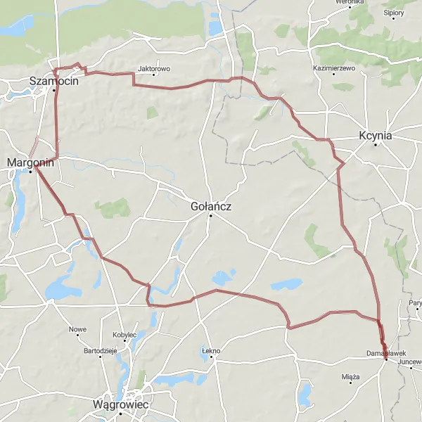 Map miniature of "Scenic Gravel Ride through Kołybki and Smogulecka Wieś" cycling inspiration in Wielkopolskie, Poland. Generated by Tarmacs.app cycling route planner