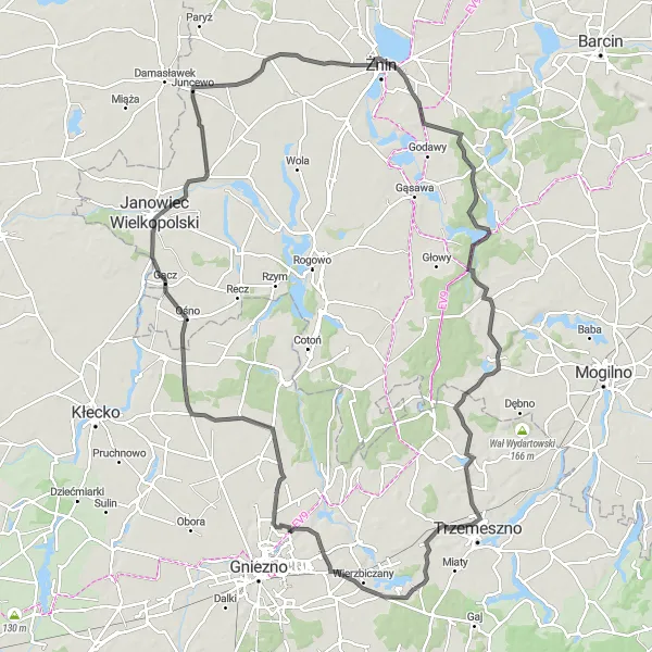 Map miniature of "Niestronno and Przysieka Loop" cycling inspiration in Wielkopolskie, Poland. Generated by Tarmacs.app cycling route planner